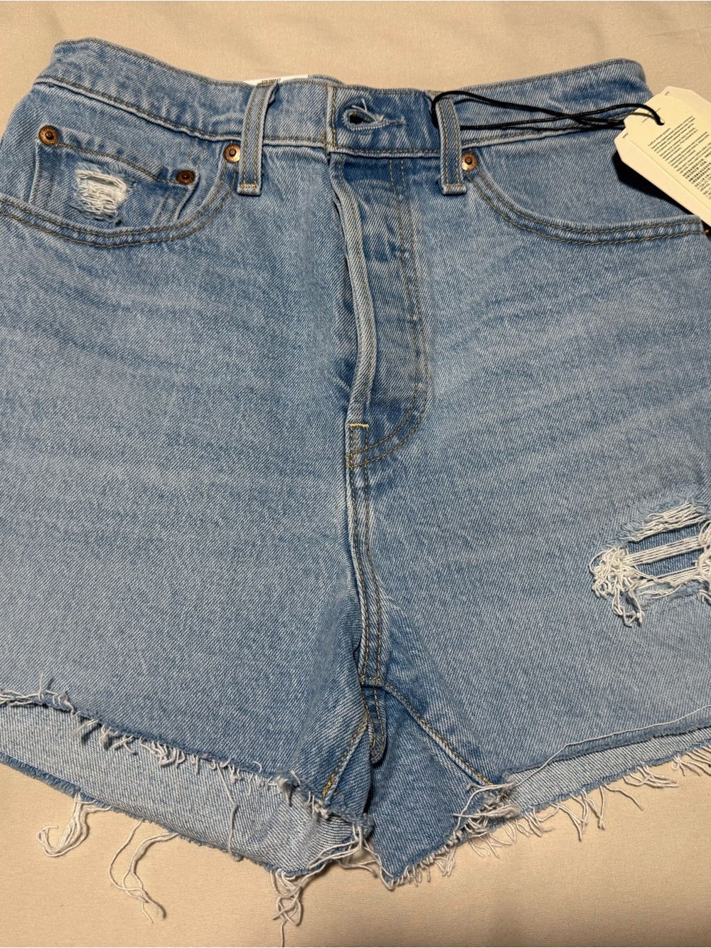 Levi's Light Blue Distressed High-Rise Ribcage Jean Shorts